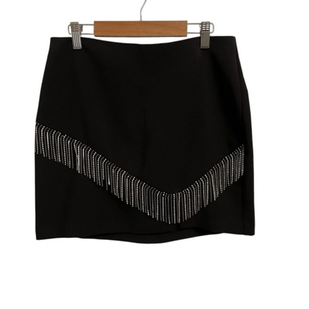 Zara Black Rhinestone Fringe Mini Skirt Size Medium V-Shape Crystal Embellished